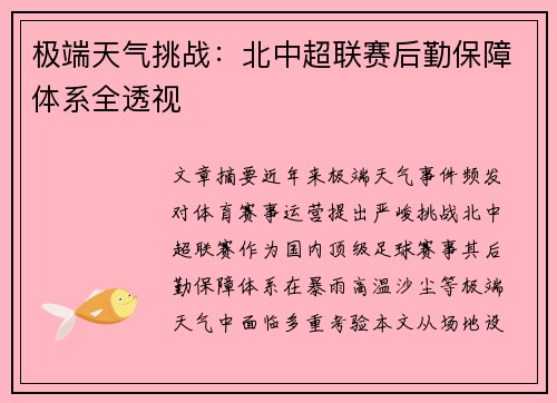 极端天气挑战：北中超联赛后勤保障体系全透视
