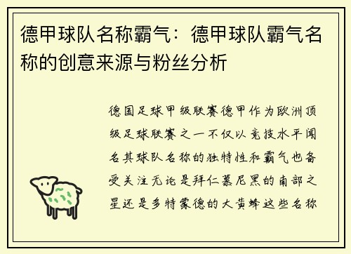 德甲球队名称霸气：德甲球队霸气名称的创意来源与粉丝分析