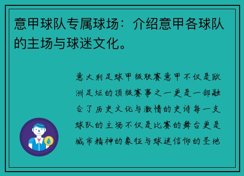意甲球队专属球场：介绍意甲各球队的主场与球迷文化。